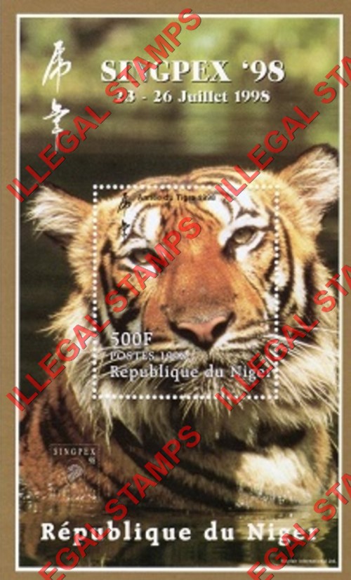 Niger 1998 Year of the Tiger 500fr Inscribed SINGPEX '98 Illegal Stamp Souvenir Sheet of 1