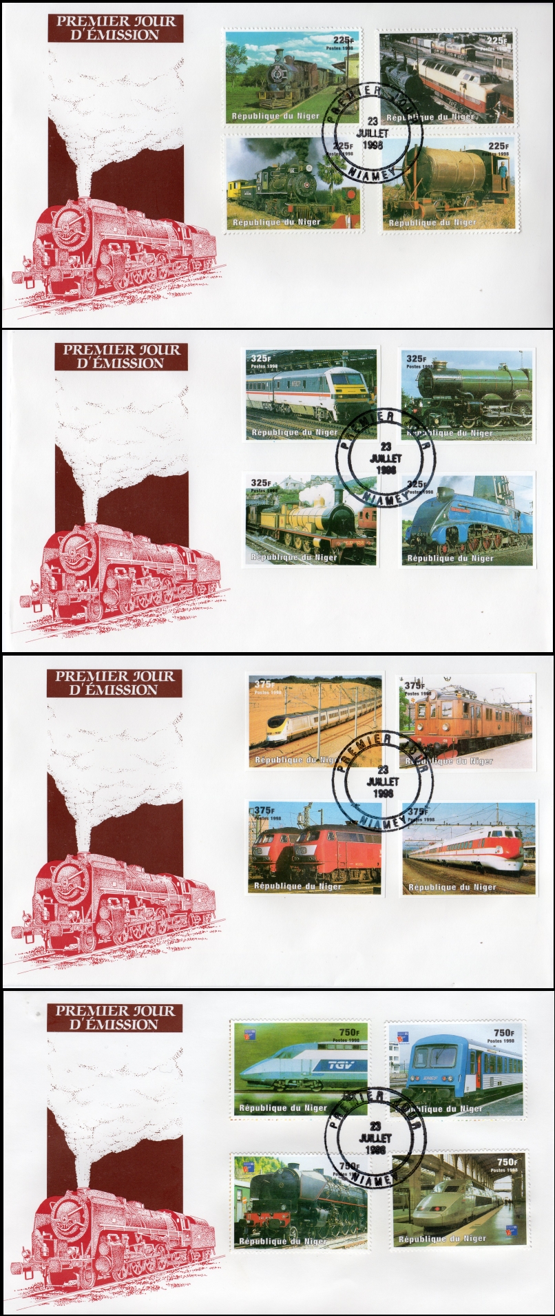 Niger 1998 Trains and Locomotives of the World Listed Stamps on First Day Covers
