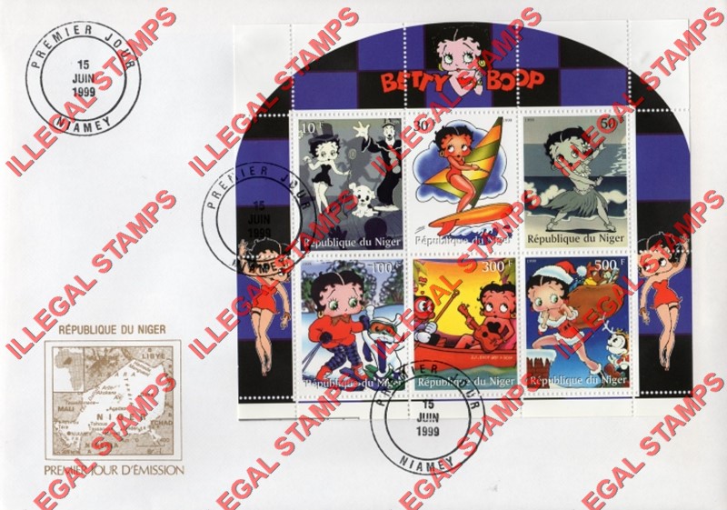 Niger 1999 Betty Boop Illegal Stamp Souvenir Sheet of 6 on Fake First Day Cover