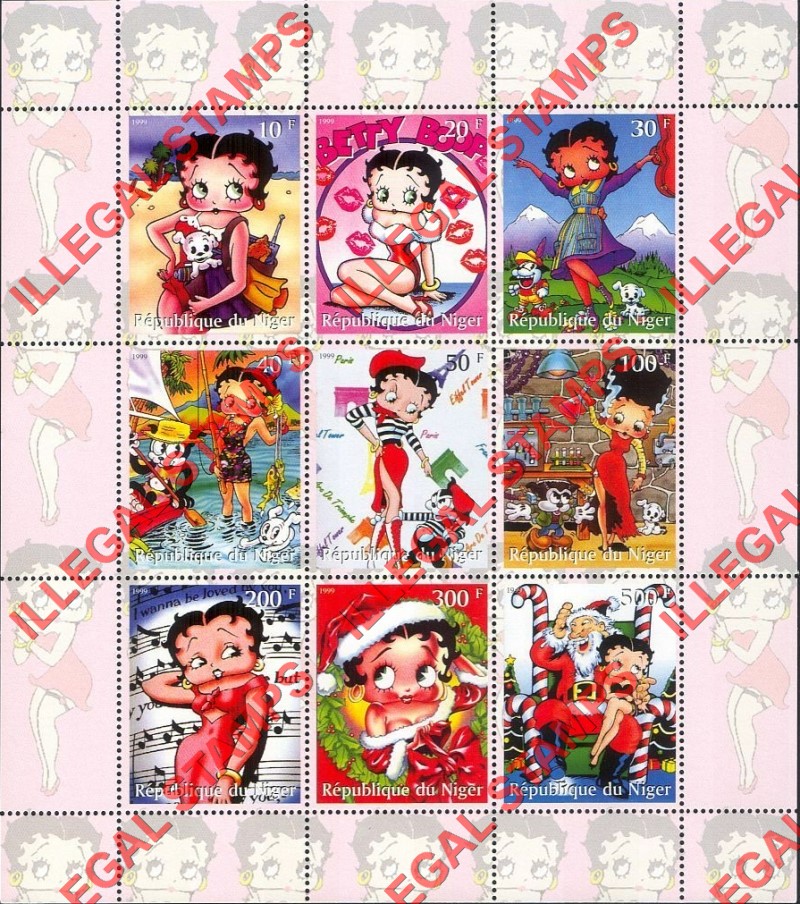 Niger 1999 Betty Boop Illegal Stamp Souvenir Sheet of 9