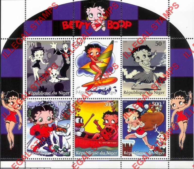 Niger 1999 Betty Boop Illegal Stamp Souvenir Sheet of 6