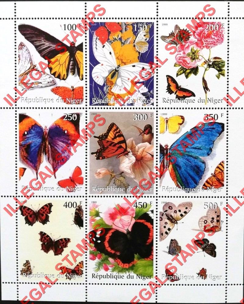 Niger 1999 Butterflies Illegal Stamp Souvenir Sheet of 9