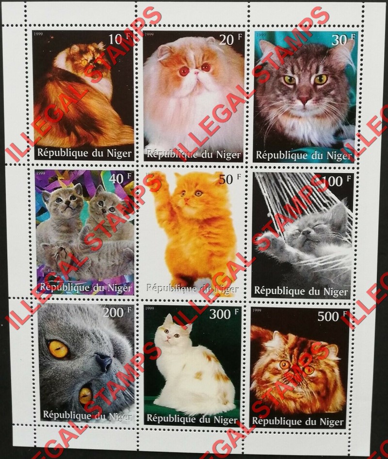 Niger 1999 Cats Illegal Stamp Souvenir Sheet of 9