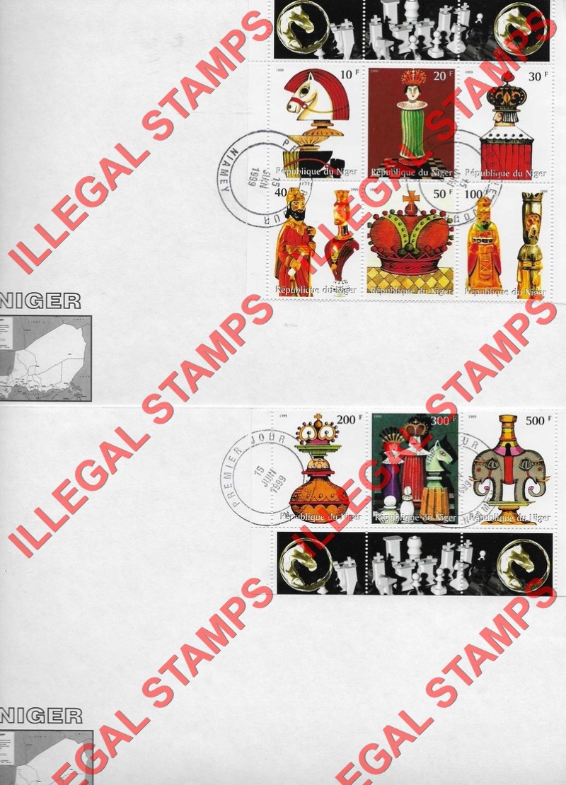 Niger 1999 Chess Pieces Illegal Stamp Souvenir Sheet of 9 on Fake First Day Covers