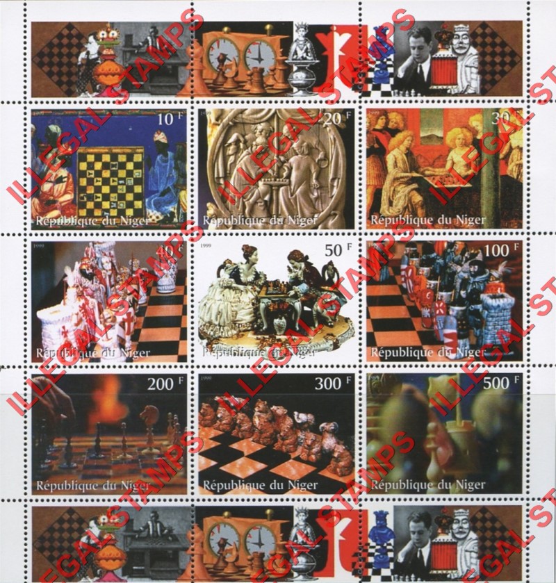 Niger 1999 Chess Pieces Illegal Stamp Souvenir Sheet of 9 (Sheet 1)