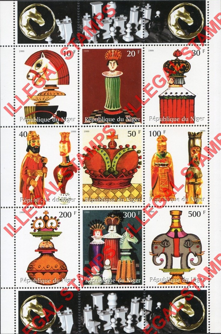 Niger 1999 Chess Pieces Illegal Stamp Souvenir Sheet of 9 (Sheet 2)