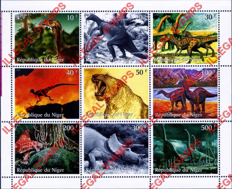 Niger 1999 Dinosaurs Illegal Stamp Souvenir Sheet of 9