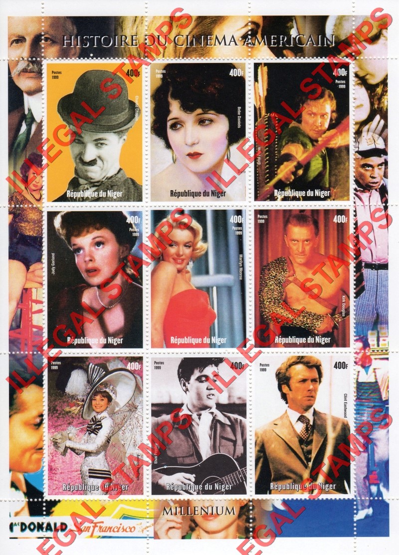 Niger 1999 History of Cinema American Actors Illegal Stamp Souvenir Sheet of 9
