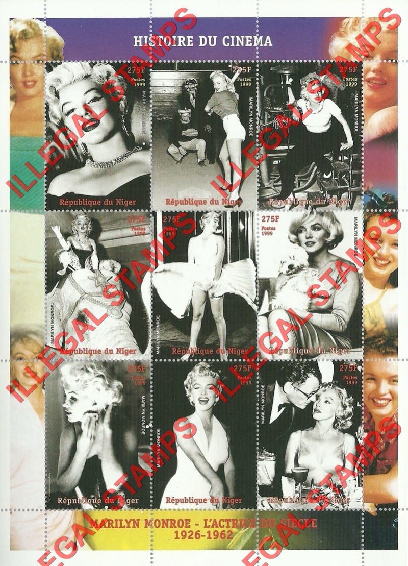 Niger 1999 Marilyn Monroe Illegal Stamp Souvenir Sheet of 9