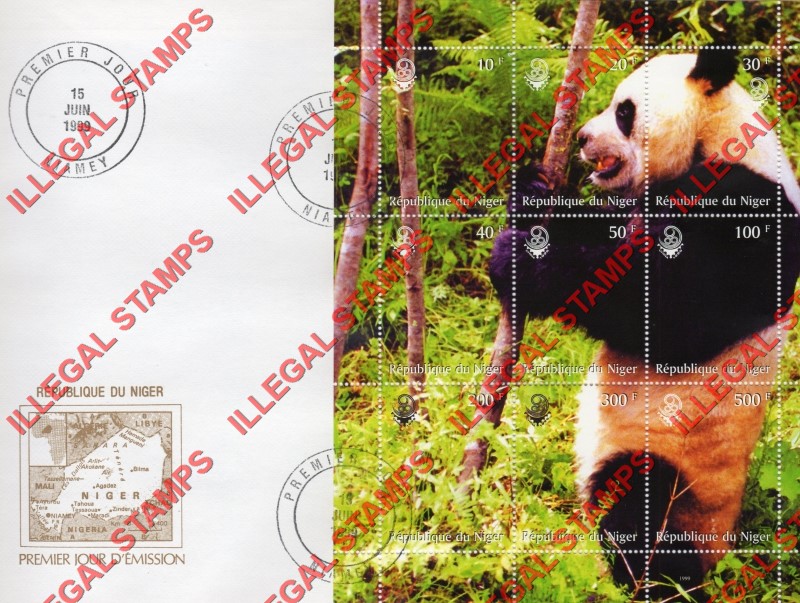 Niger 1999 Pandas Illegal Stamp Souvenir Sheet of 9 on Fake First Day Cover
