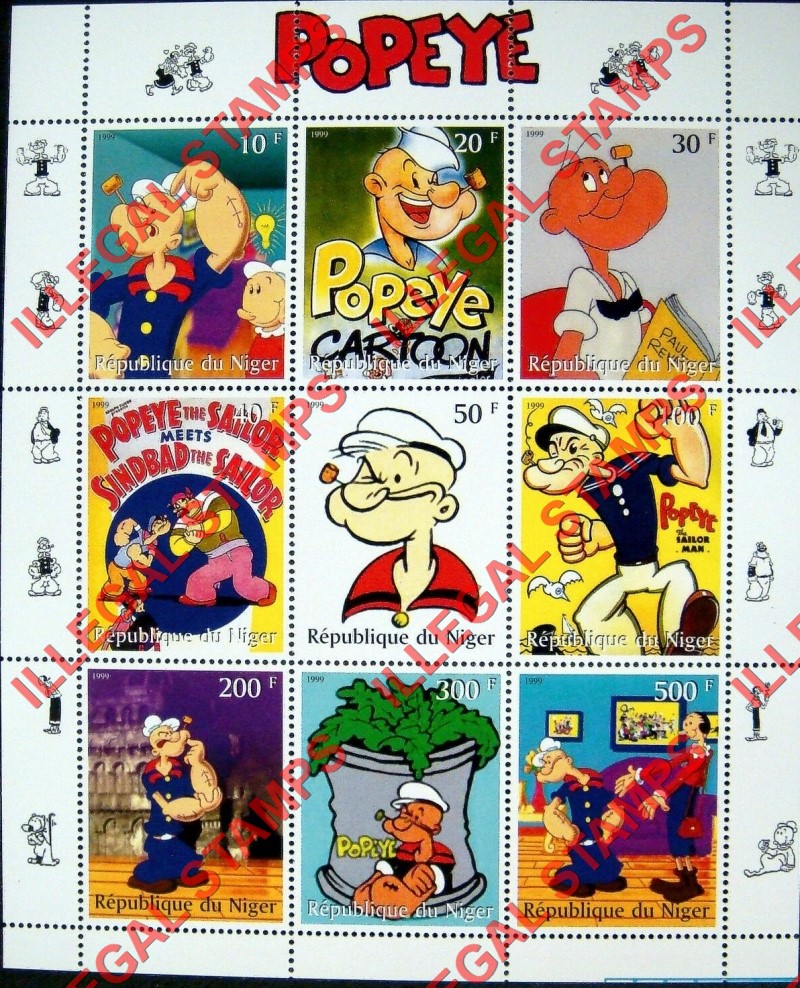 Niger 1999 Popeye Illegal Stamp Souvenir Sheet of 9