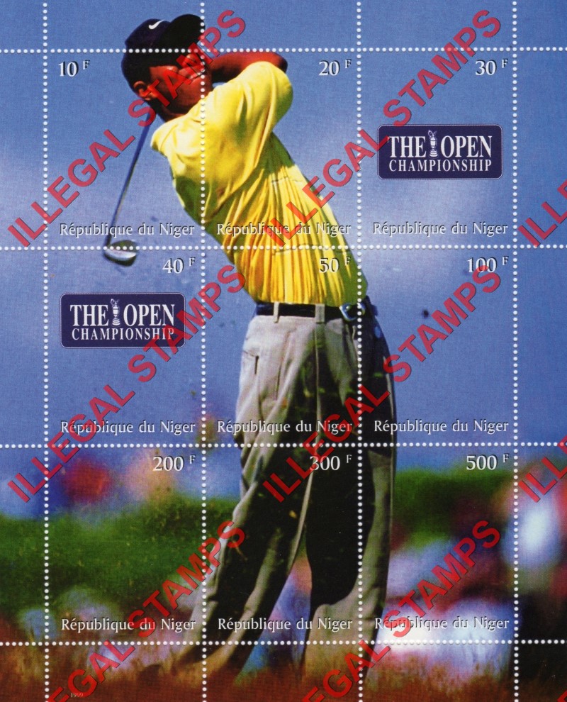 Niger 1999 Tiger Woods Golf Open Championship Illegal Stamp Souvenir Sheet of 9