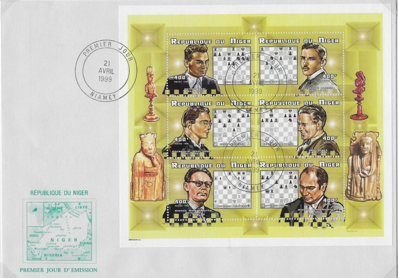 Niger 1999 Chess Issued Souvenir Sheet of 6 Made by Impressor S.A. on Same Style First Day Cover