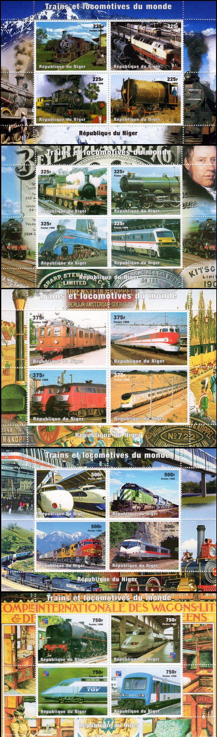 Niger 1999 Trains and Locomotives of the World Scott Catalog No. 1013-1017