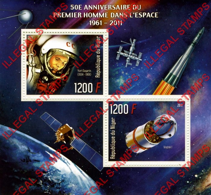 Niger 2011 Space Yuri Gagarin and Vostok 1 Illegal Stamp Souvenir Sheet of 2