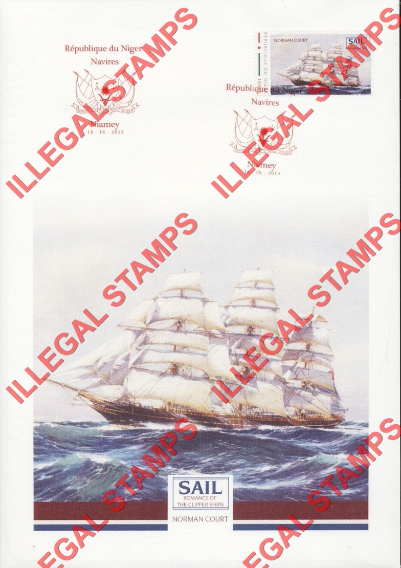 Niger 2013 Sailing Ships Norman Court Illegal Stamp on Fake First Day Canceled Presentation Card