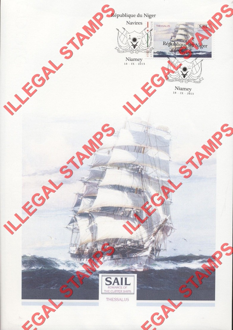 Niger 2013 Sailing Ships Thessalus Illegal Stamp on Fake First Day Canceled Presentation Card