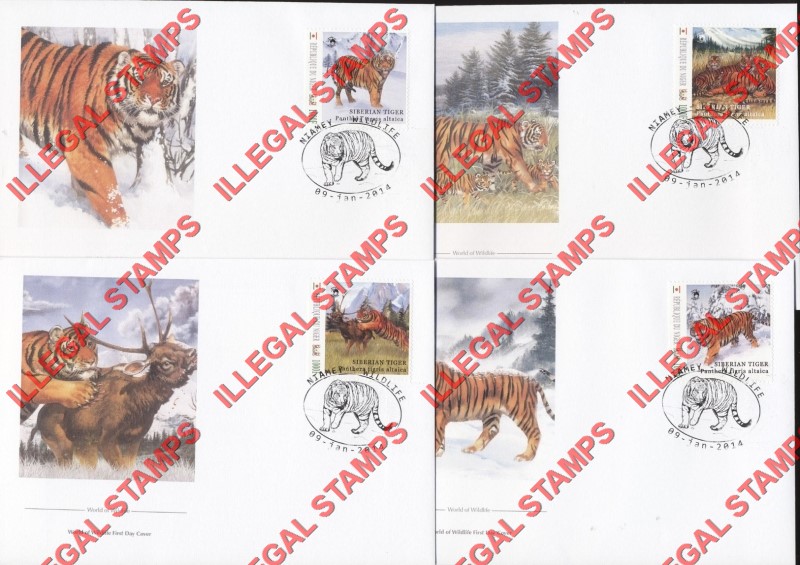 Niger 2014 Animals Tigers WW Illegal Stamp Set of 4 on Fake First Day Covers