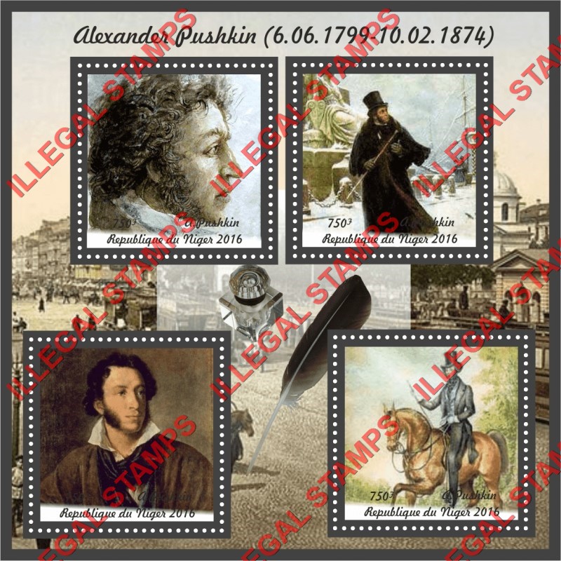 Niger 2016 Alexander Pushkin Changed Illegal Stamp Souvenir Sheet of 4