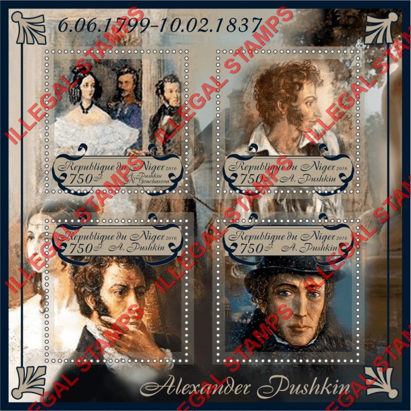 Niger 2016 Alexander Pushkin Different Illegal Stamp Souvenir Sheet of 4