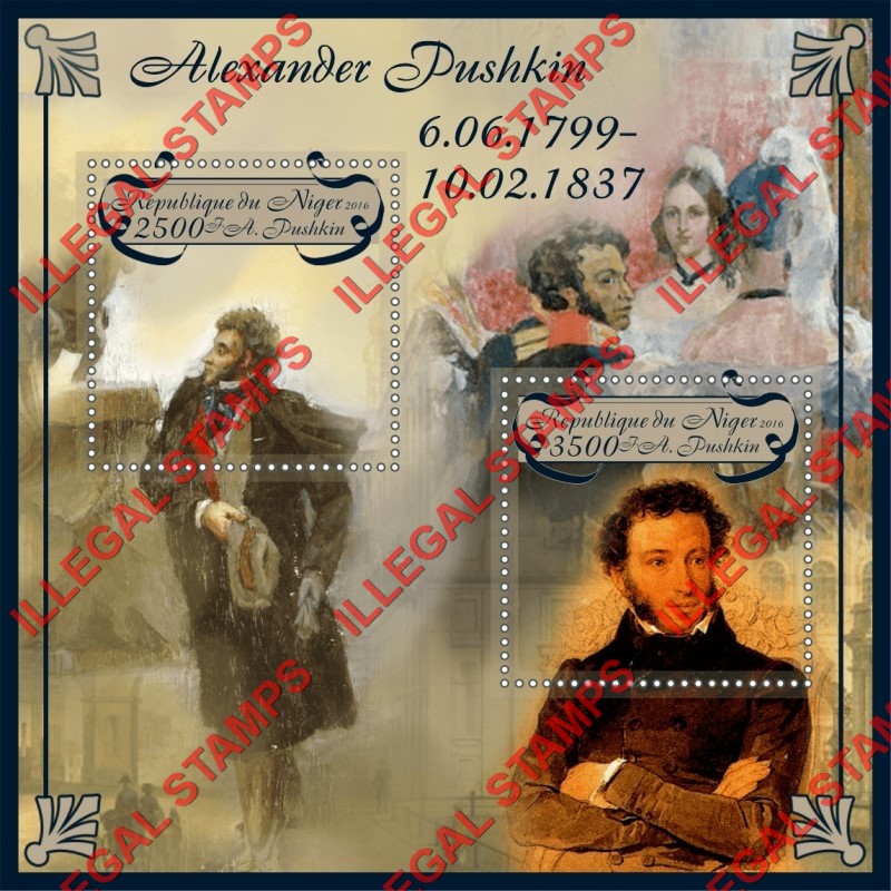 Niger 2016 Alexander Pushkin Different Illegal Stamp Souvenir Sheet of 2