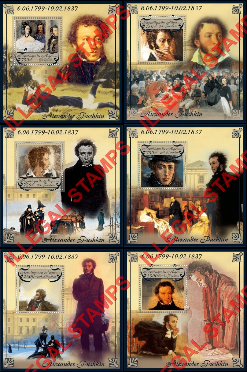 Niger 2016 Alexander Pushkin Different Illegal Stamp Souvenir Sheets of 1