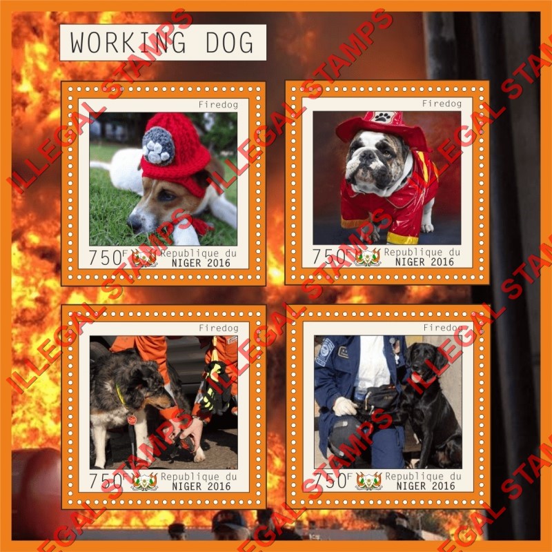 Niger 2016 Dogs Working Dogs Firedogs Illegal Stamp Souvenir Sheet of 4