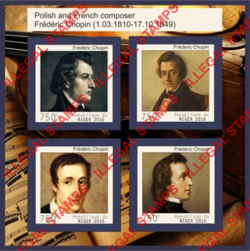Niger 2016 Frederic Chopin Music Composer Illegal Stamp Souvenir Sheet of 4