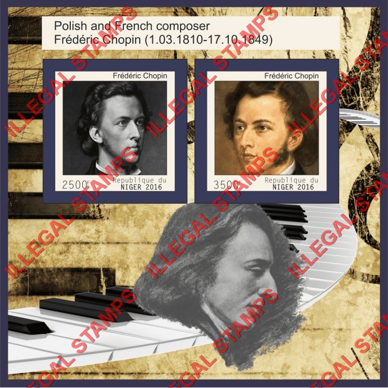 Niger 2016 Frederic Chopin Music Composer Illegal Stamp Souvenir Sheet of 2