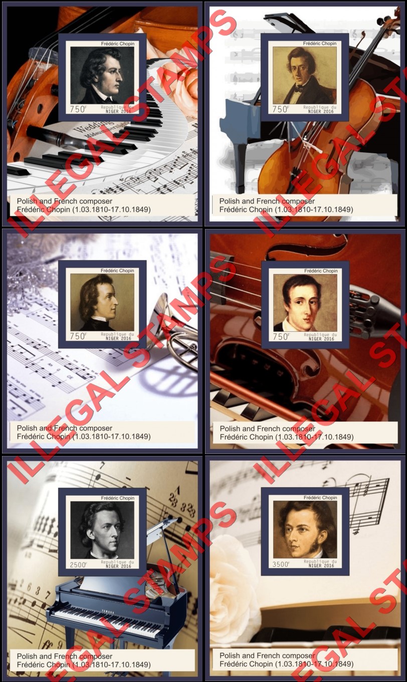 Niger 2016 Frederic Chopin Music Composer Illegal Stamp Souvenir Sheets of 1