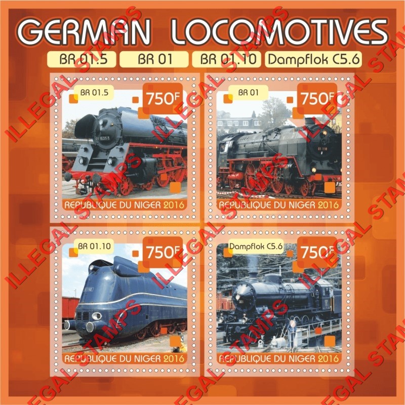 Niger 2016 Locomotives German Illegal Stamp Souvenir Sheet of 4