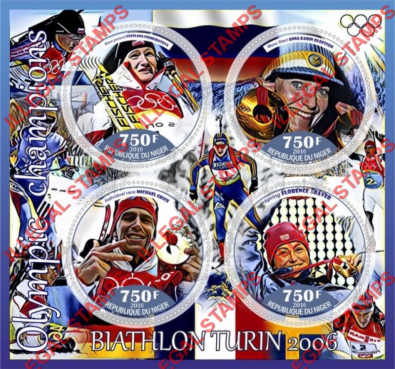 Niger 2016 Olympic Champions Biathlon in Turin 2006 Illegal Stamp Souvenir Sheet of 4
