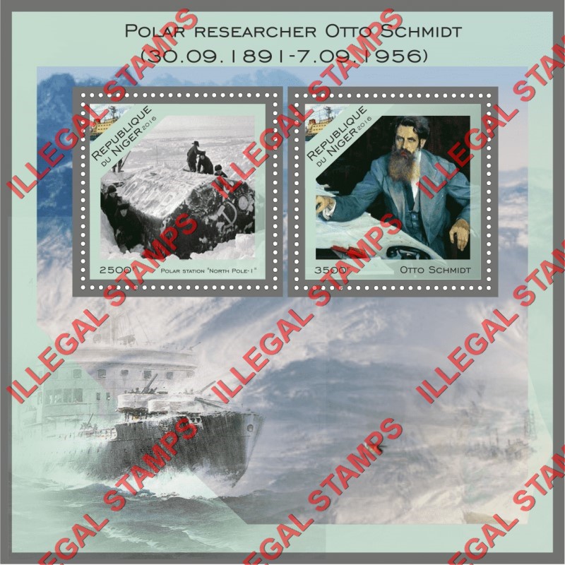 Niger 2016 Otto Schmidt Polar Researcher Illegal Stamp Souvenir Sheet of 2