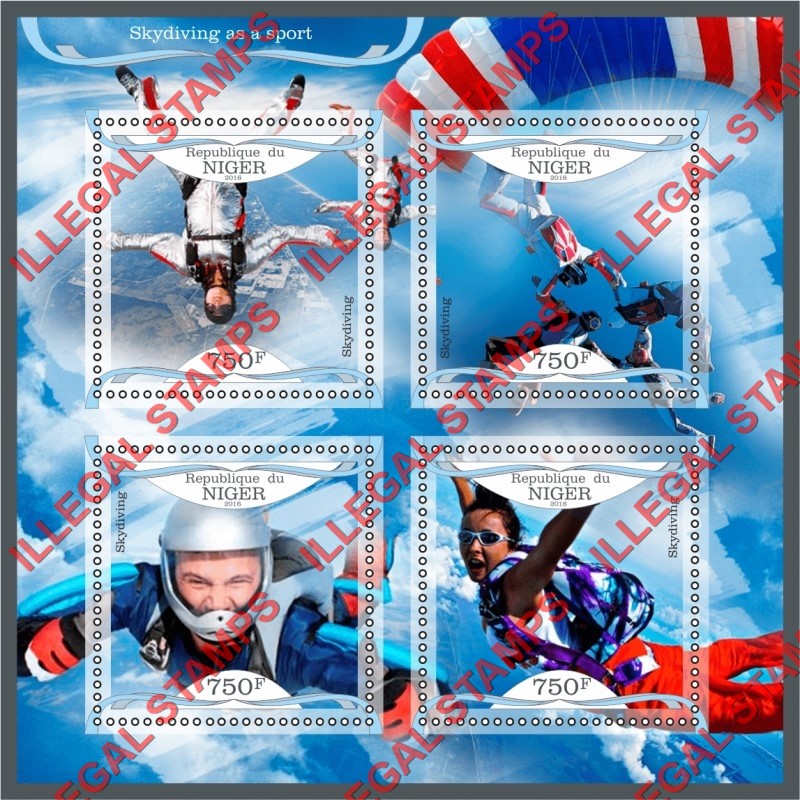 Niger 2016 Skydiving Illegal Stamp Souvenir Sheet of 4