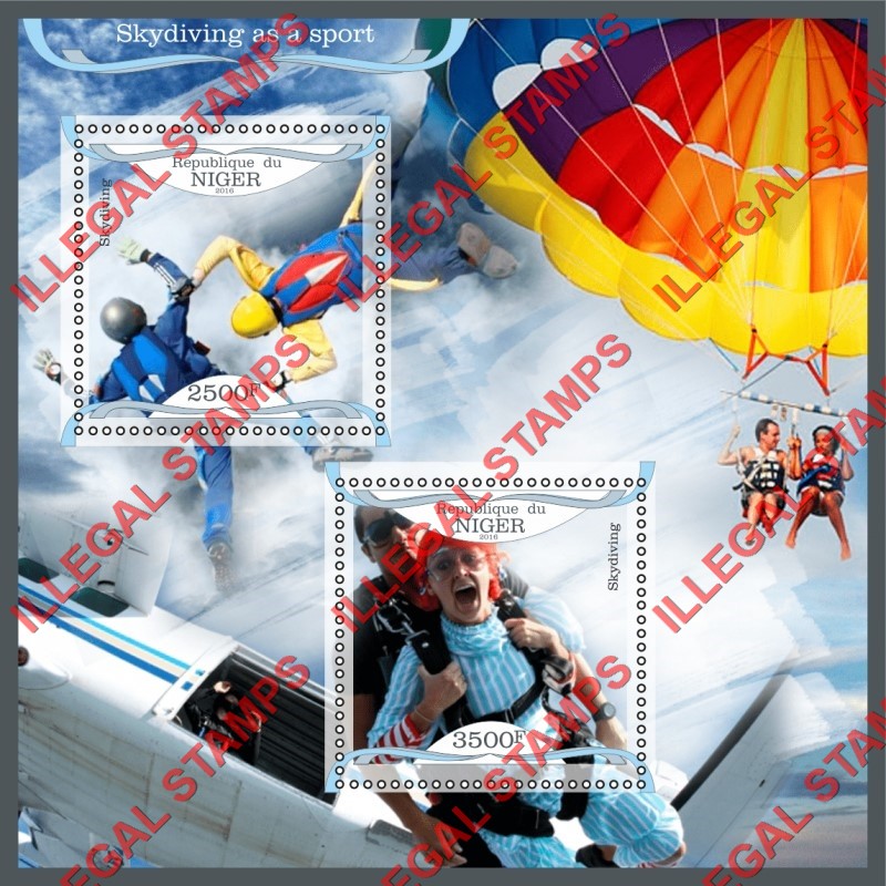 Niger 2016 Skydiving Illegal Stamp Souvenir Sheet of 2