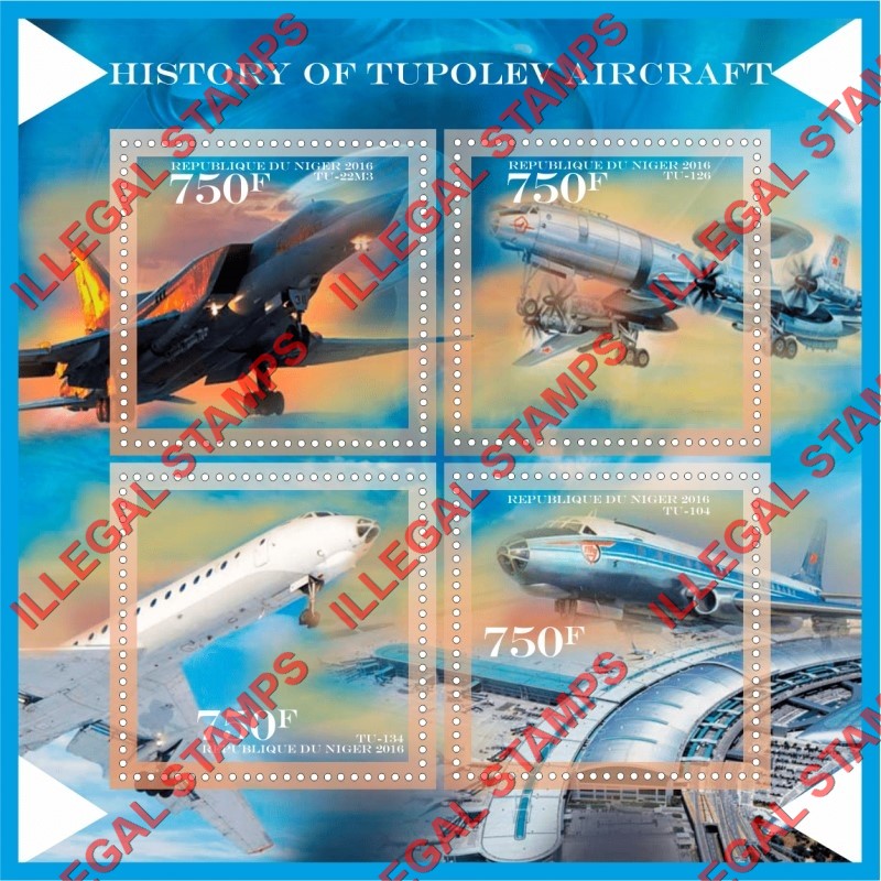 Niger 2016 Tupolev Aircraft History Illegal Stamp Souvenir Sheet of 4