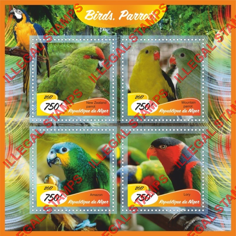 Niger 2017 Birds Parrots Illegal Stamp Souvenir Sheet of 4