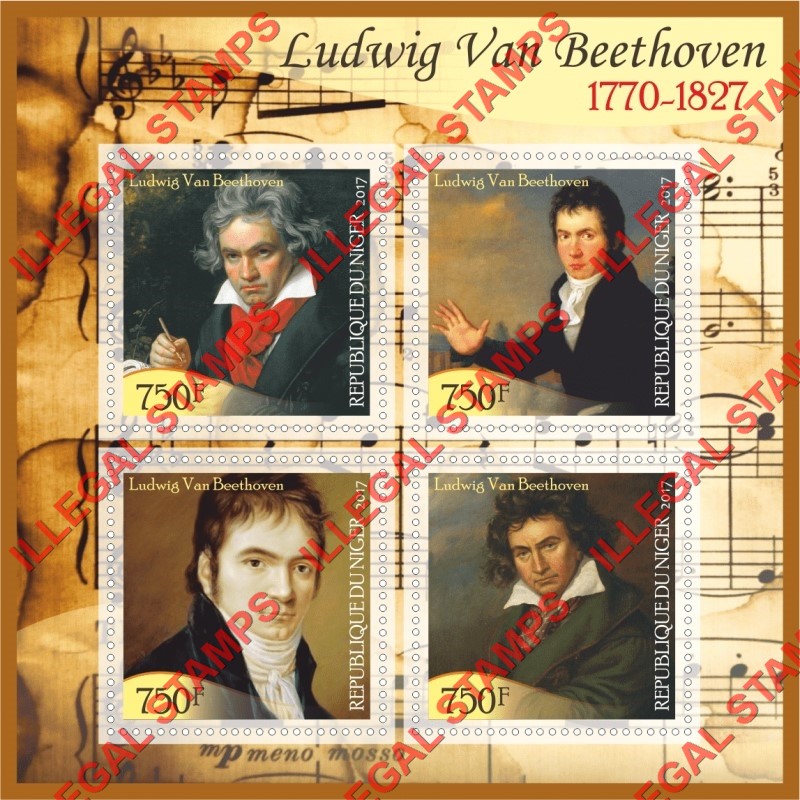 Niger 2017 Ludwig Van Beethoven Illegal Stamp Souvenir Sheet of 4