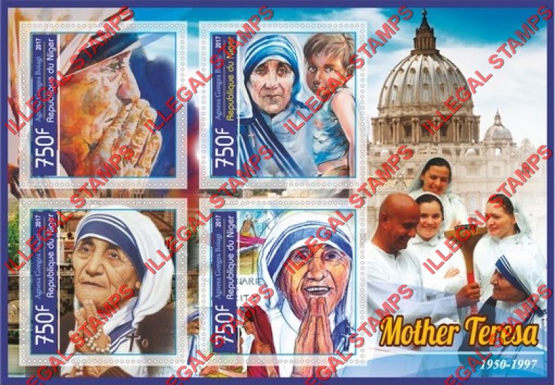 Niger 2017 Mother Teresa Illegal Stamp Souvenir Sheet of 4