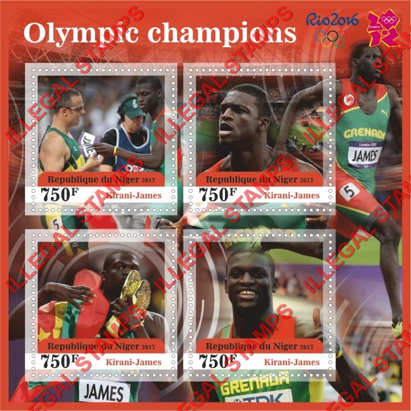 Niger 2017 Olympic Champions in Rio 2016 Kirani-James Illegal Stamp Souvenir Sheet of 4