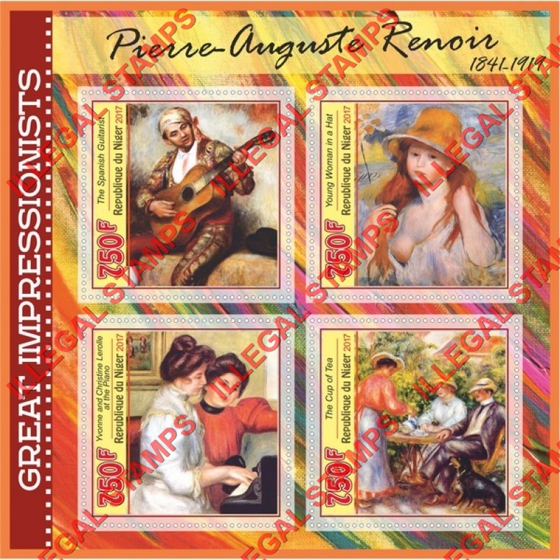 Niger 2017 Paintings by Pierre Auguste Renoir Illegal Stamp Souvenir Sheet of 4