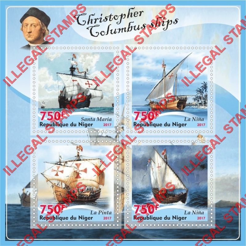 Niger 2017 Sailing Ships Christopher Columbus Illegal Stamp Souvenir Sheet of 4