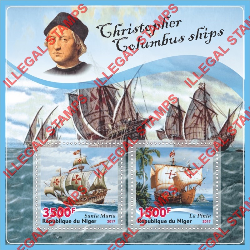 Niger 2017 Sailing Ships Christopher Columbus Illegal Stamp Souvenir Sheet of 2