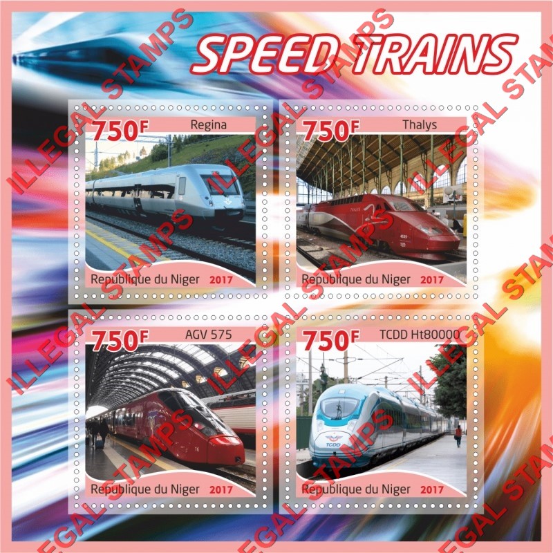 Niger 2017 Speed Trains Illegal Stamp Souvenir Sheet of 4