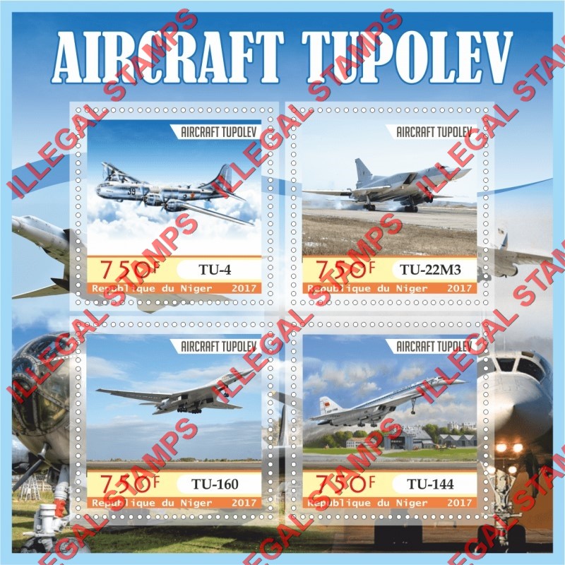 Niger 2017 Tupolev Aircraft Illegal Stamp Souvenir Sheet of 4