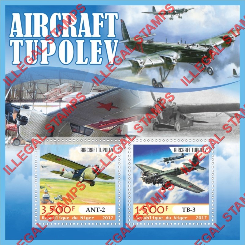 Niger 2017 Tupolev Aircraft Illegal Stamp Souvenir Sheet of 2