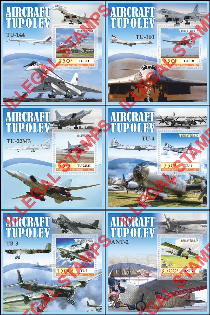 Niger 2017 Tupolev Aircraft Illegal Stamp Souvenir Sheets of 1