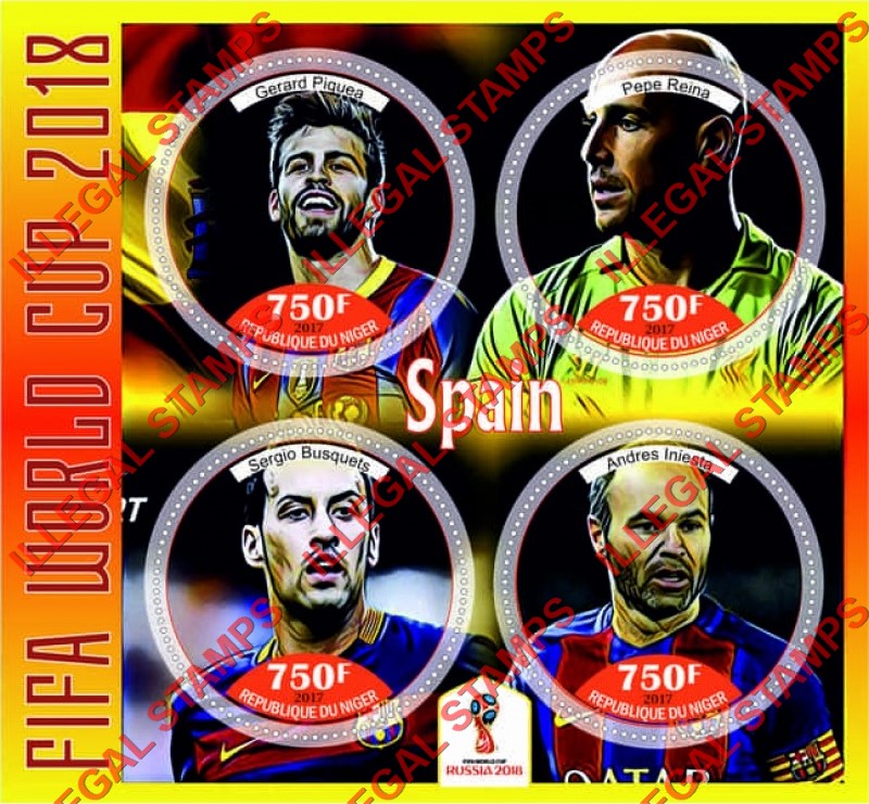 Niger 2017 World Cup Soccer 2018 Spain Football Players Illegal Stamp Souvenir Sheet of 4