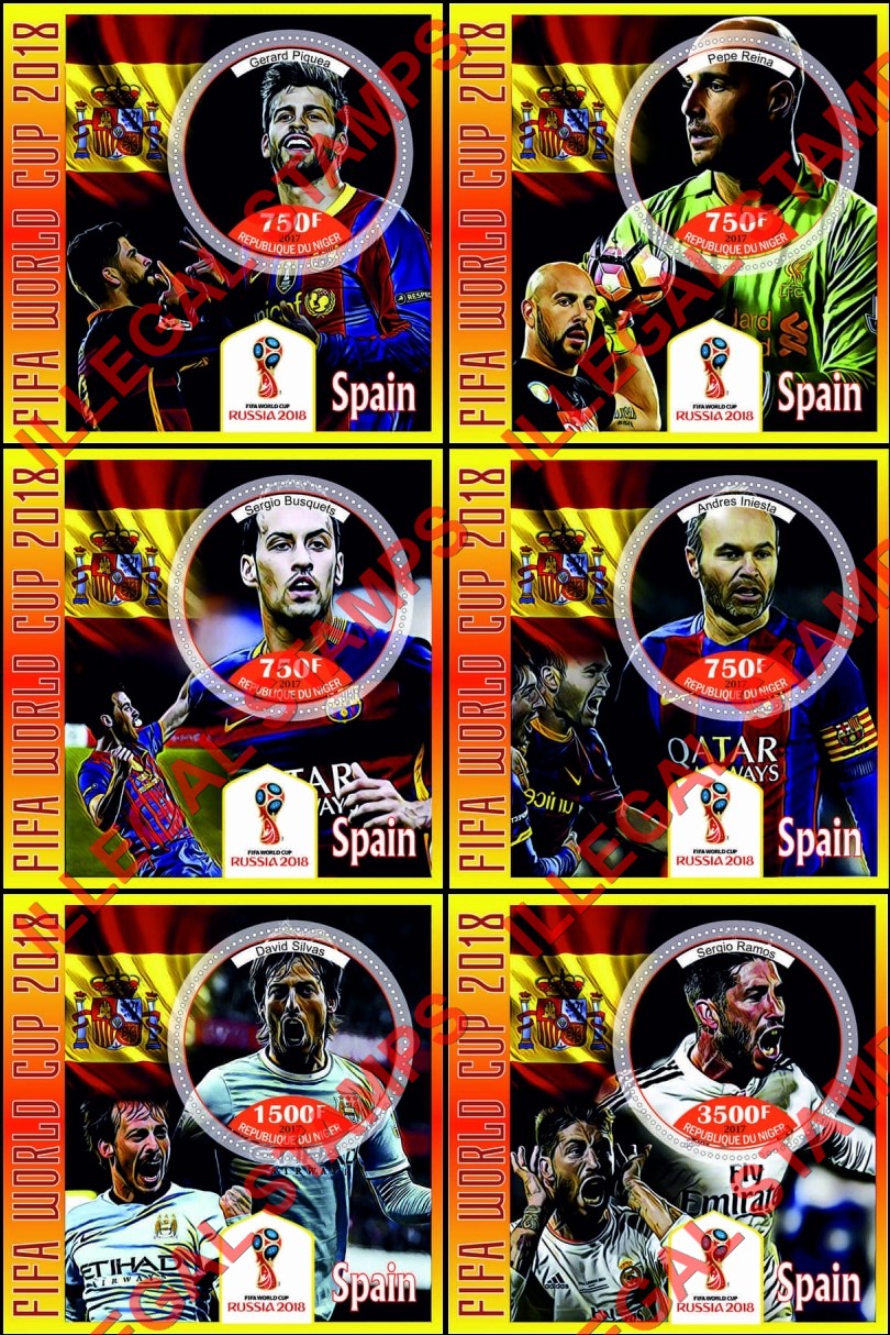 Niger 2017 World Cup Soccer 2018 Spain Football Players Illegal Stamp Souvenir Sheets of 1