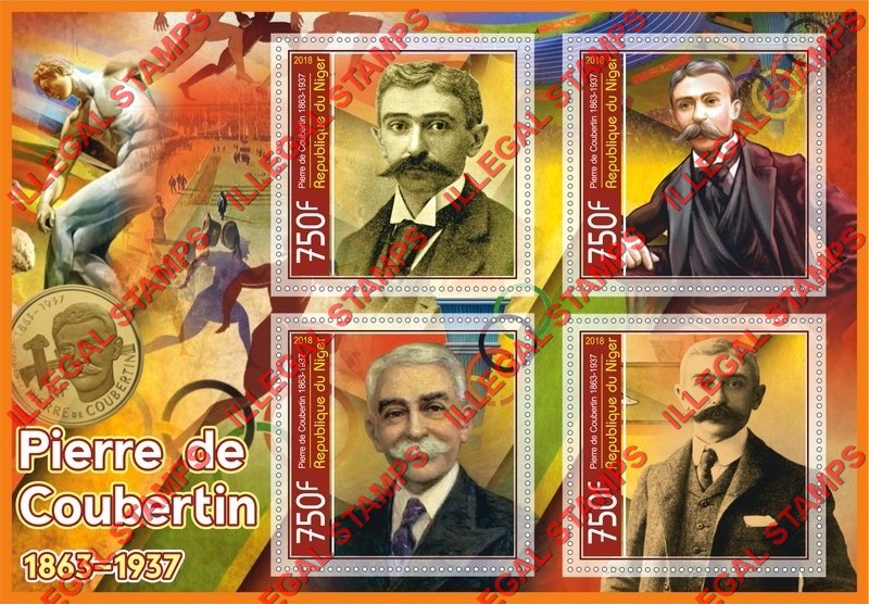 Niger 2018 Pierre de Coubertin Illegal Stamp Souvenir Sheet of 4
